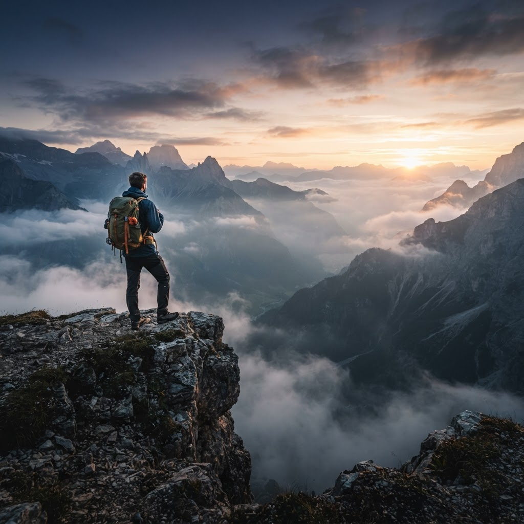 A traveler overlooking a misty mountain valley at dawn